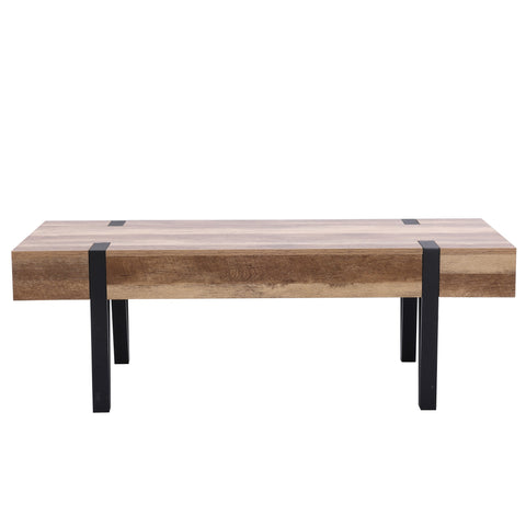 Oak Finish MDF Wood Black Metal 2-Drawer Coffee Table