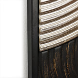 Close-up of an art piece showcasing embossed textures and ridged metallic, dark smooth surfaces, elegantly framed with a sleek black border.