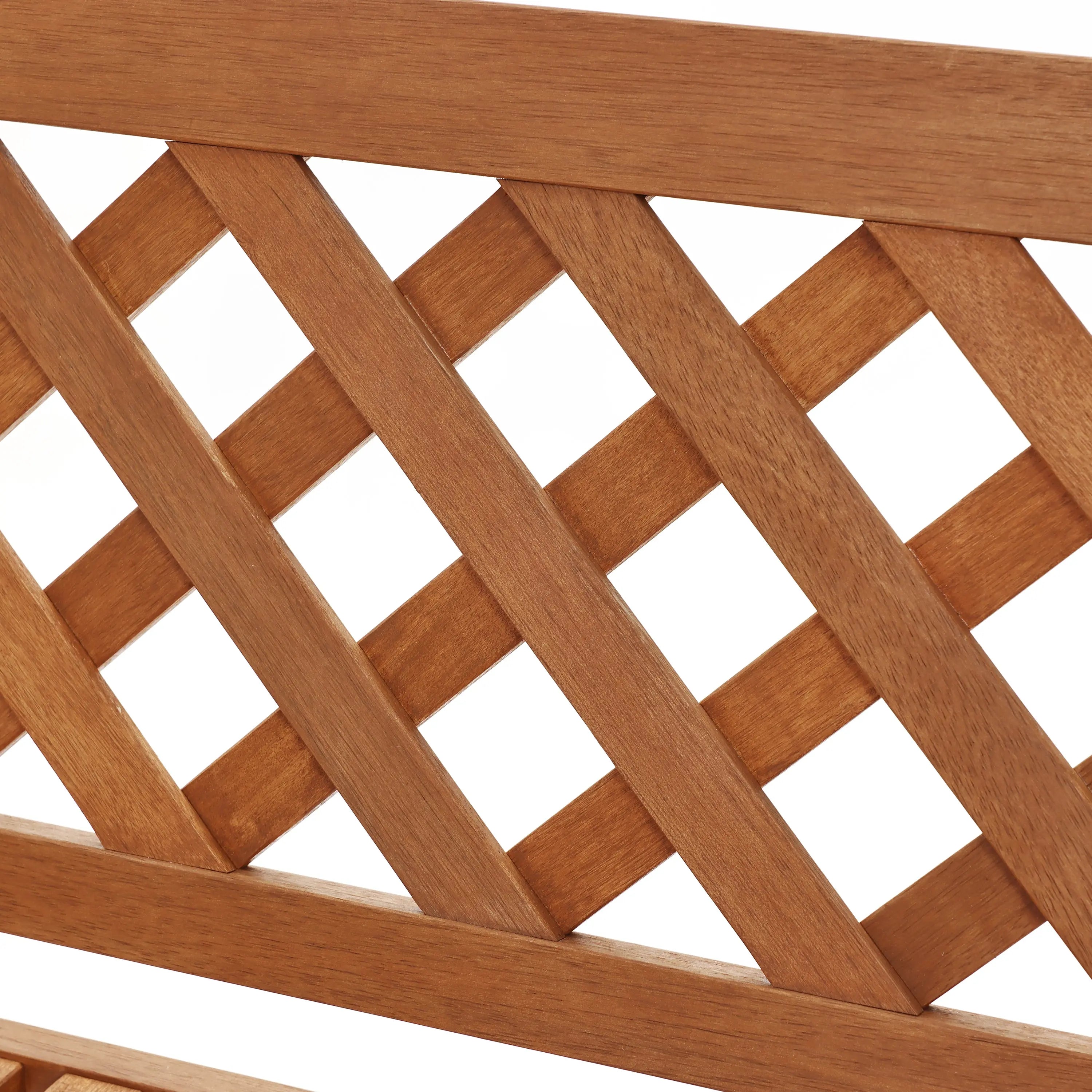 Close-up of a wooden lattice design in a crisscross pattern, highlighting its solid wood construction against a white background.
