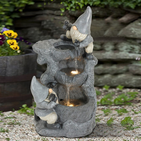 Gray Resin Gnomes Rock Bowl Outdoor Fountain with LED Lights