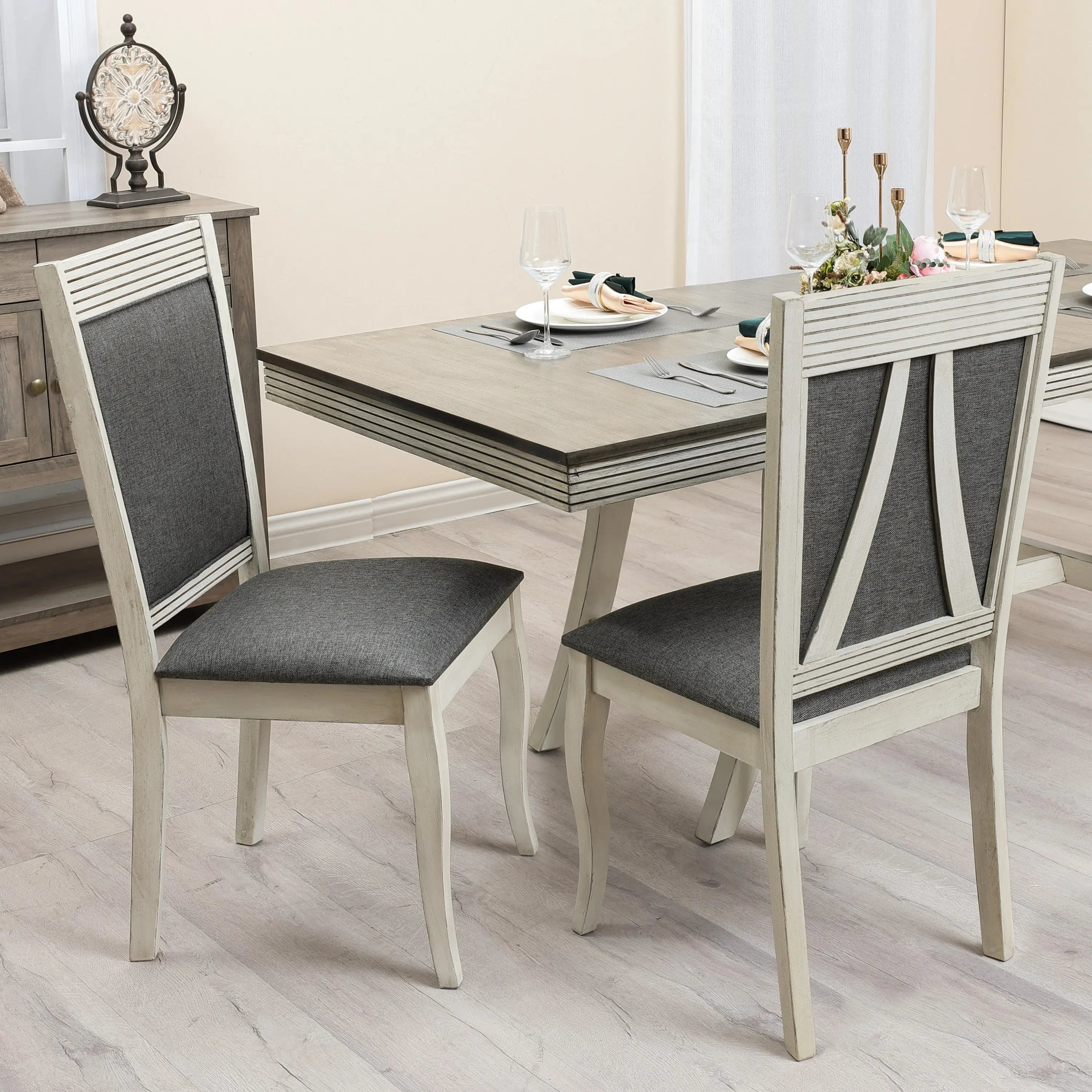 Modern Distressed Off White Rubberwood and Gray Upholstered Dining Chair, Set of 2 - LuxenHome