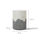 This ombre style finish stool, perfect for outdoor seating, stands 17.7 inches tall and 13 inches wide and deep. It features a textured lower half with a smooth upper surface, seamlessly blending aesthetics and function as an elegant cement side table.