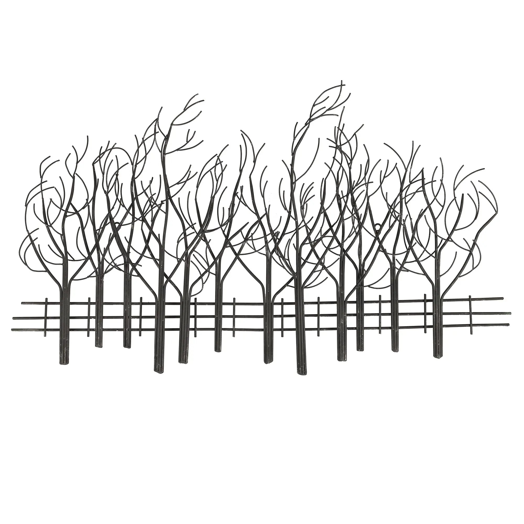 Metal wall art sculpture featuring a row of bare trees with thin branches and a fence in the background, this contemporary style wall decoration brings a striking nature theme to any space, set against a crisp white backdrop.
