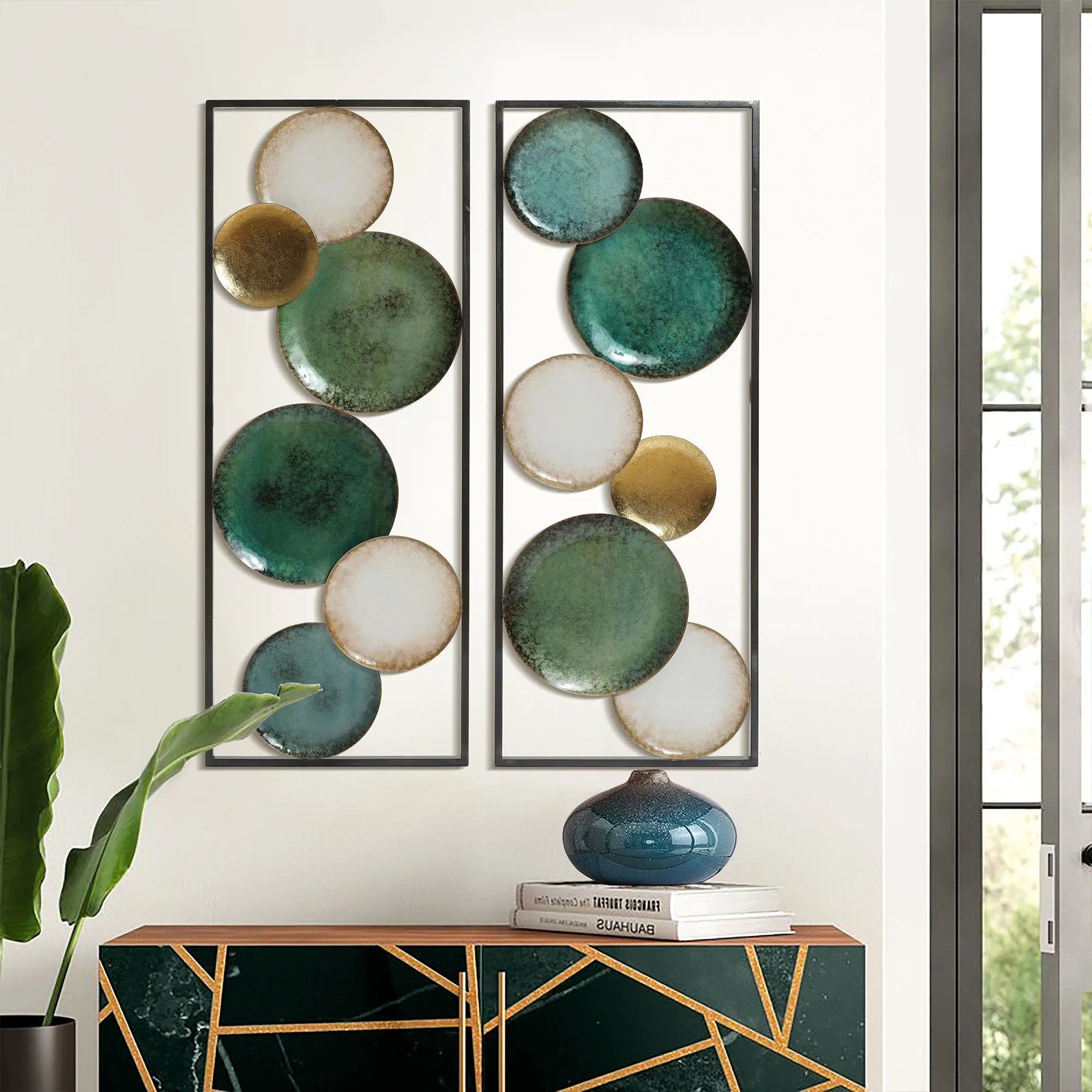 large-abstract-art-piece-and-a-smaller-abstract-art-work-on-a-wall