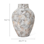 This ceramic vase stands 15.2 inches tall and 11 inches in diameter, featuring a gray and beige mottled surface that adds elegance to any home decor. Its subtle white marble texture enhances its sophisticated appeal, making it a perfect centerpiece.