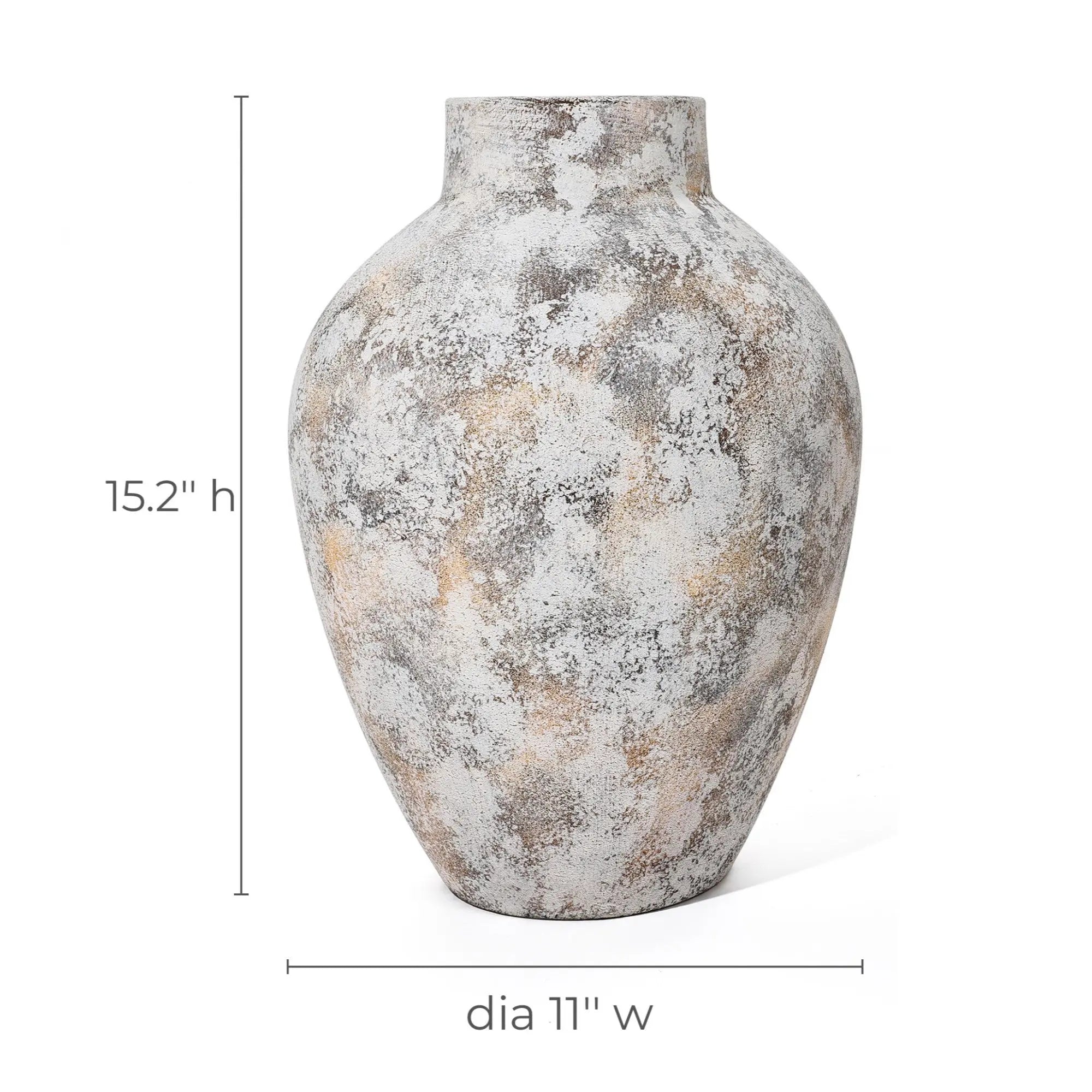 This ceramic vase stands 15.2 inches tall and 11 inches in diameter, featuring a gray and beige mottled surface that adds elegance to any home decor. Its subtle white marble texture enhances its sophisticated appeal, making it a perfect centerpiece.