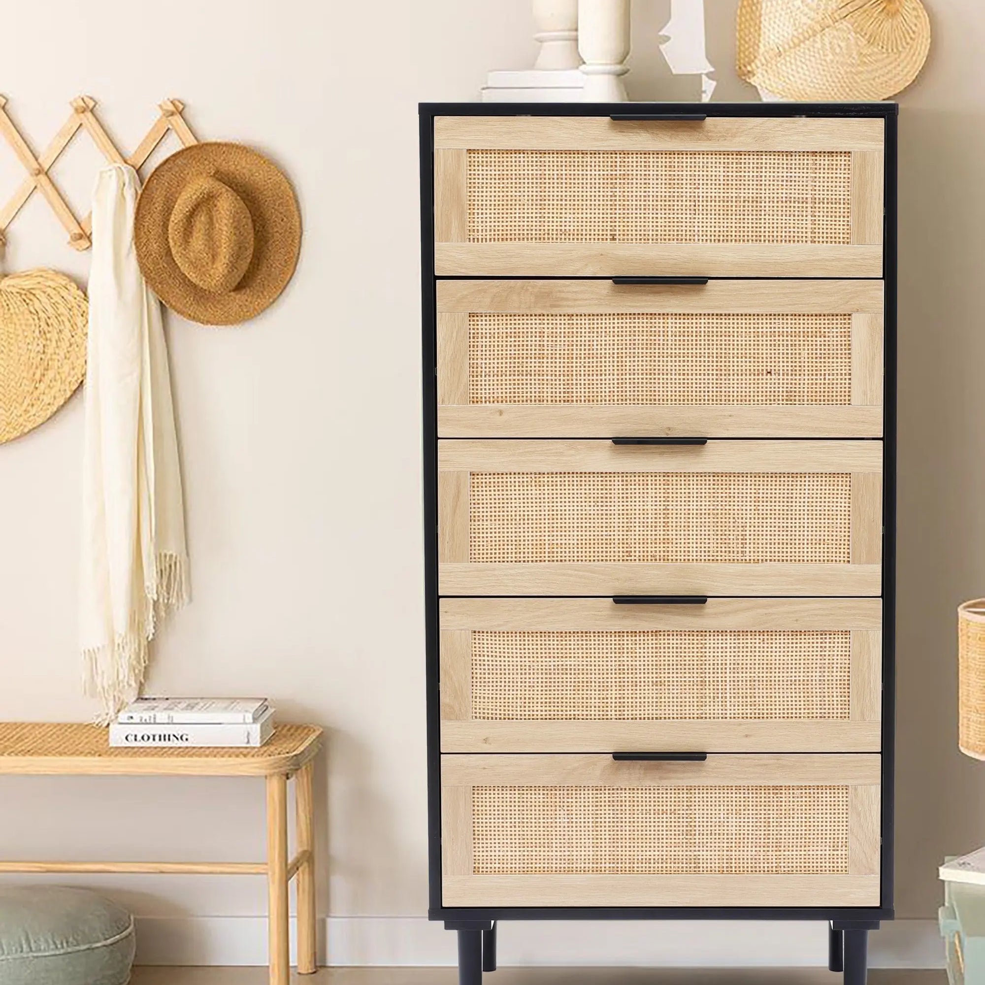 Azhar-black-five-drawer-rattan-chest