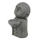 Gray stone Buddha monk statue of a smiling monk holding a bowl, with simple carved features and a rounded head—an ideal garden statue or meditation centerpiece.