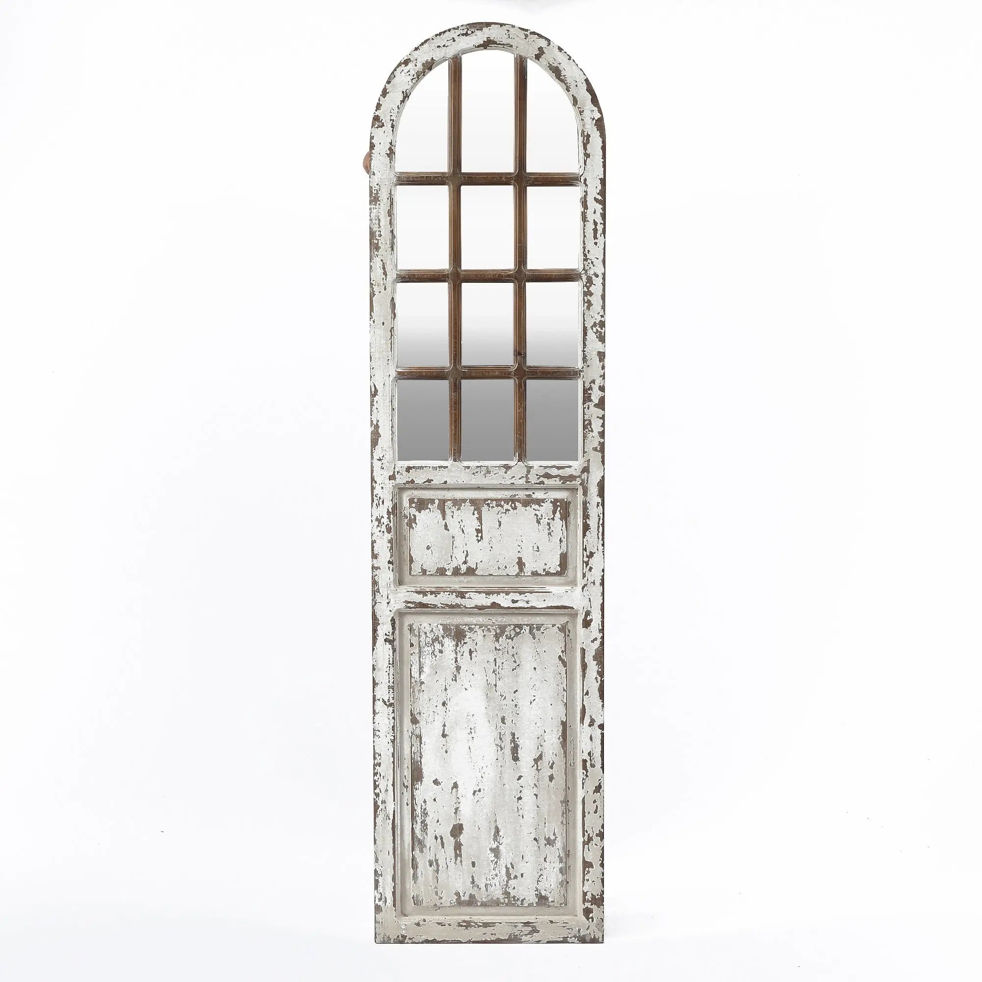 distressed-white-wood-farmhouse-door-leaning-floor-and-wall-mirror