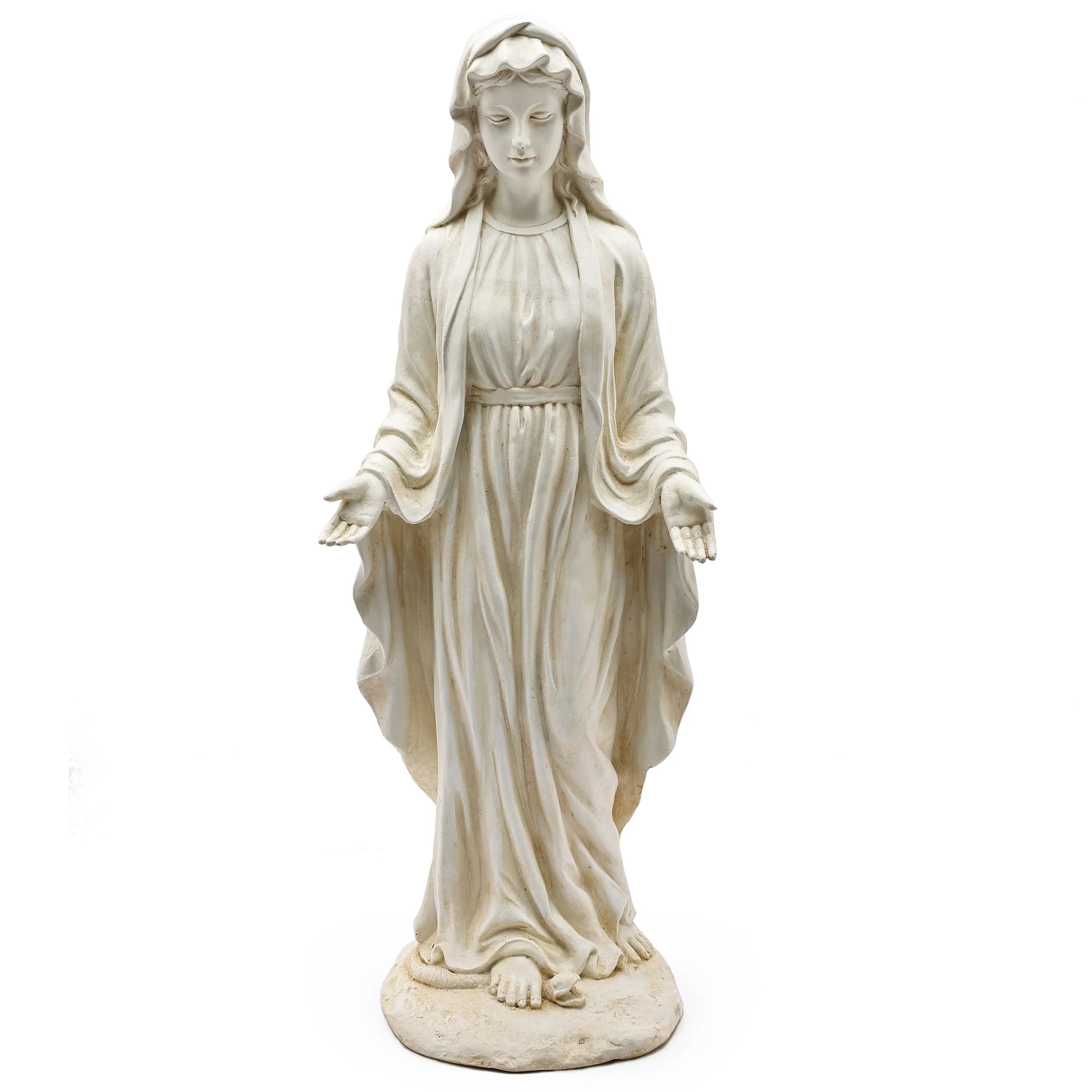A vintage ivory finish Mary statue of a woman in a long robe with open hands, standing barefoot on a circular base.