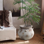 A rustic room features a LuxenHome Antique cauldron planter with a tall green plant on a woven rug. A beige armchair with a brown blanket is to the left, while a painting and soft lighting enhance the vintage rustic look, creating an inviting atmosphere.