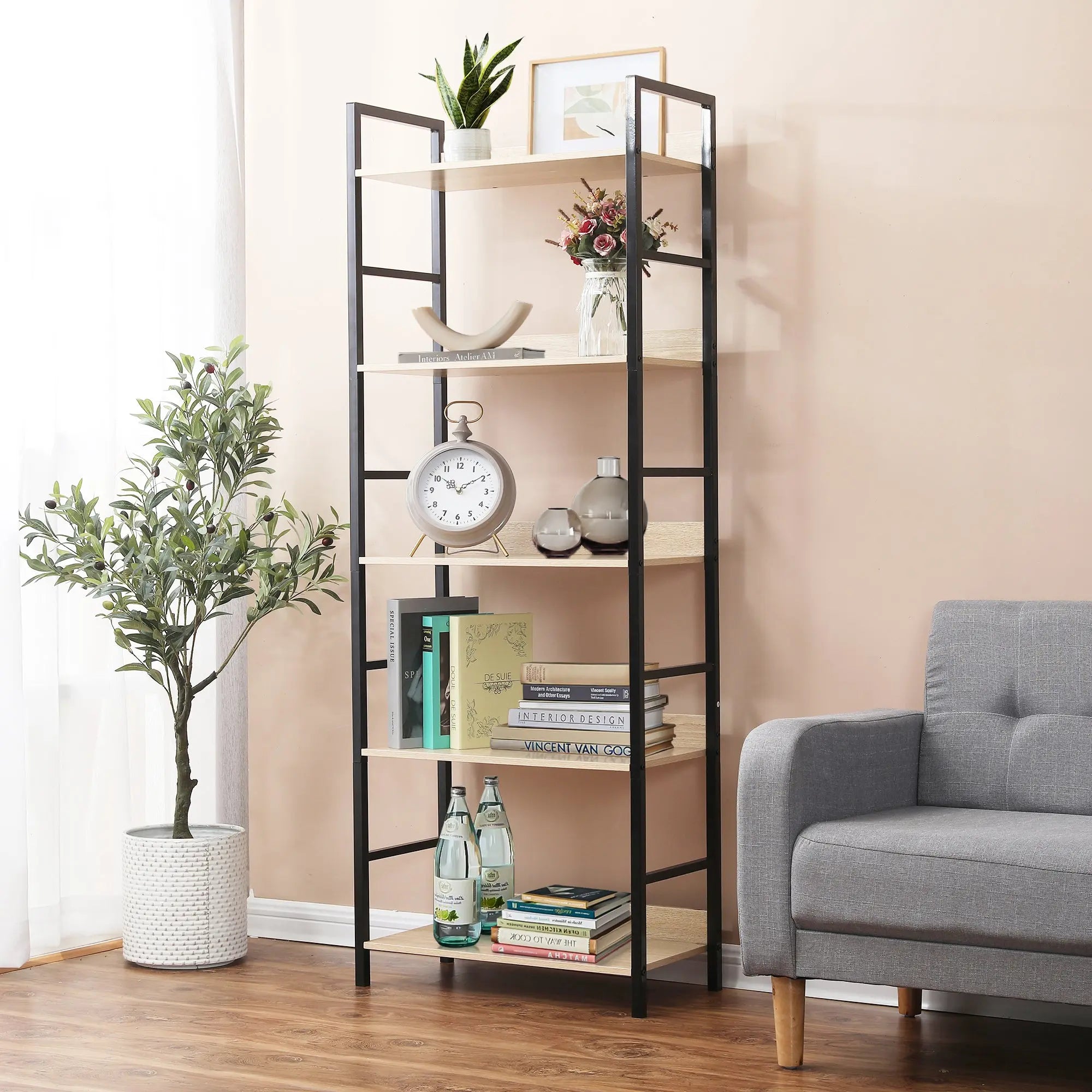 bookshelf-with-books-decorative-vases-and-a-clock-on-it