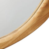 Close-up of a mirror with a light wooden frame, showcasing the smooth texture and rounded edge. This piece adds a touch of natural decor, seamlessly blending into any space with its organic charm.