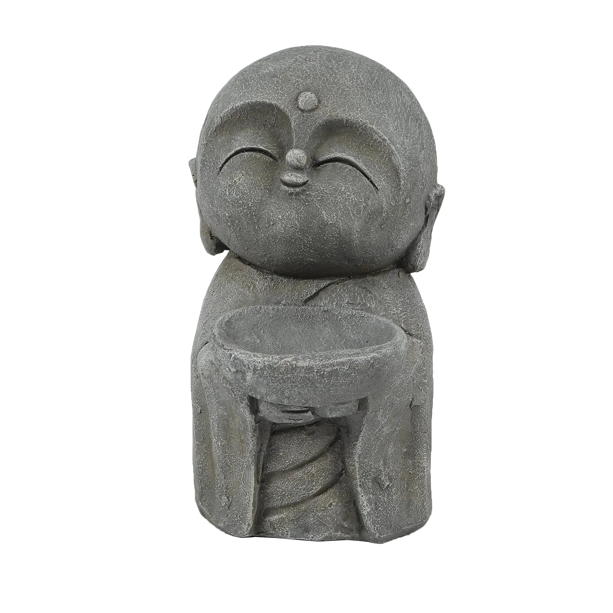 Gray stone Buddha monk statue of a smiling, small figure holding a round bowl in front of its body—perfect as a serene meditation centerpiece or charming garden statue.
