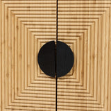 Close-up of wooden cabinet doors featuring a contemporary design, with natural bamboo strips forming a geometric pattern and a sleek black oval handle in the center.