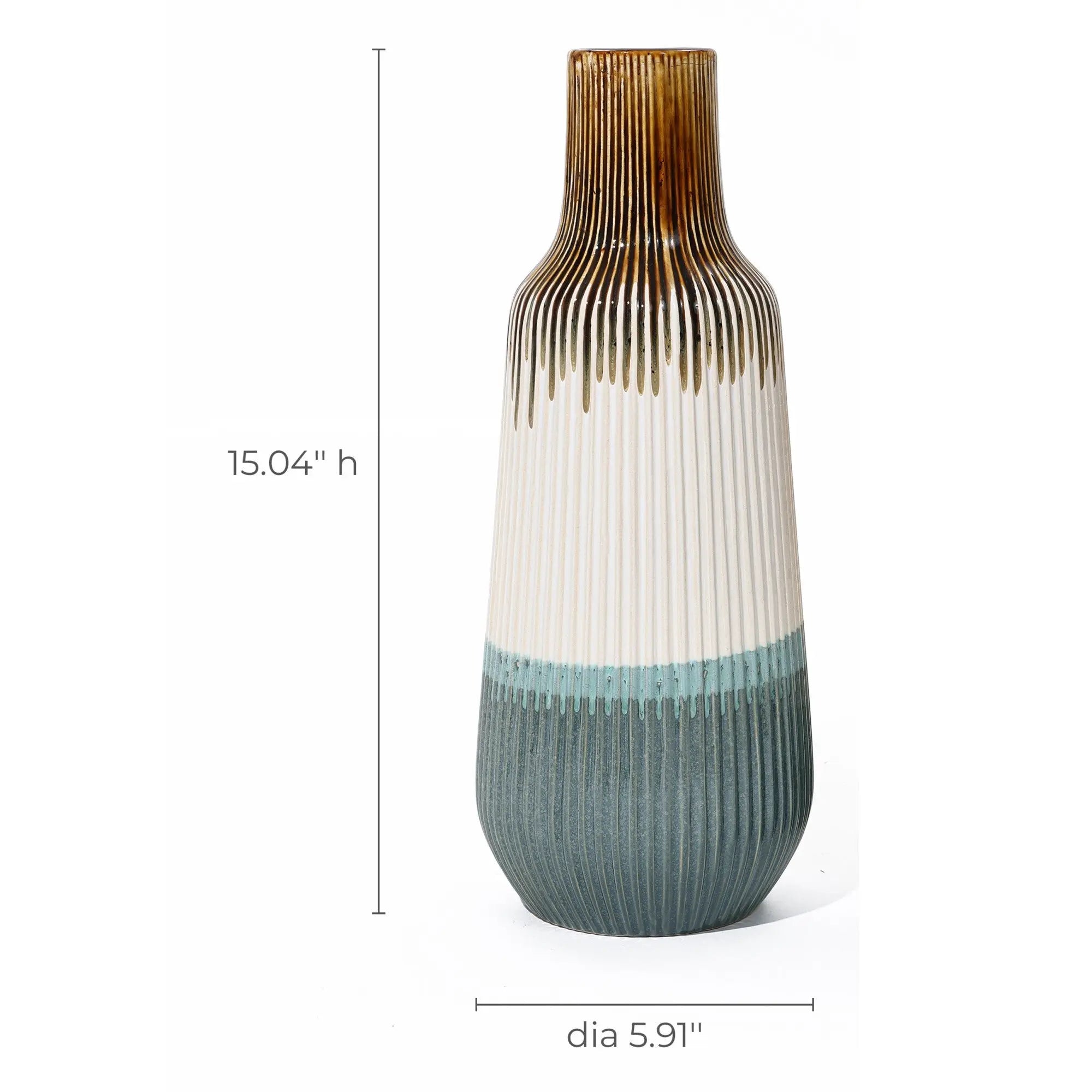 Stylishly enhance your home decor with this tall, colorful vase crafted from high-quality ceramic. Featuring a ribbed texture and gradient hues from brown to white to blue, it stands 15.04 inches high and measures 5.91 inches in diameter, making it a striking centerpiece for any room.