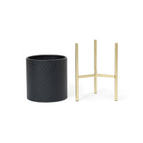 A textured black durable iron planter paired with a gold metal stand exudes a contemporary modern style.