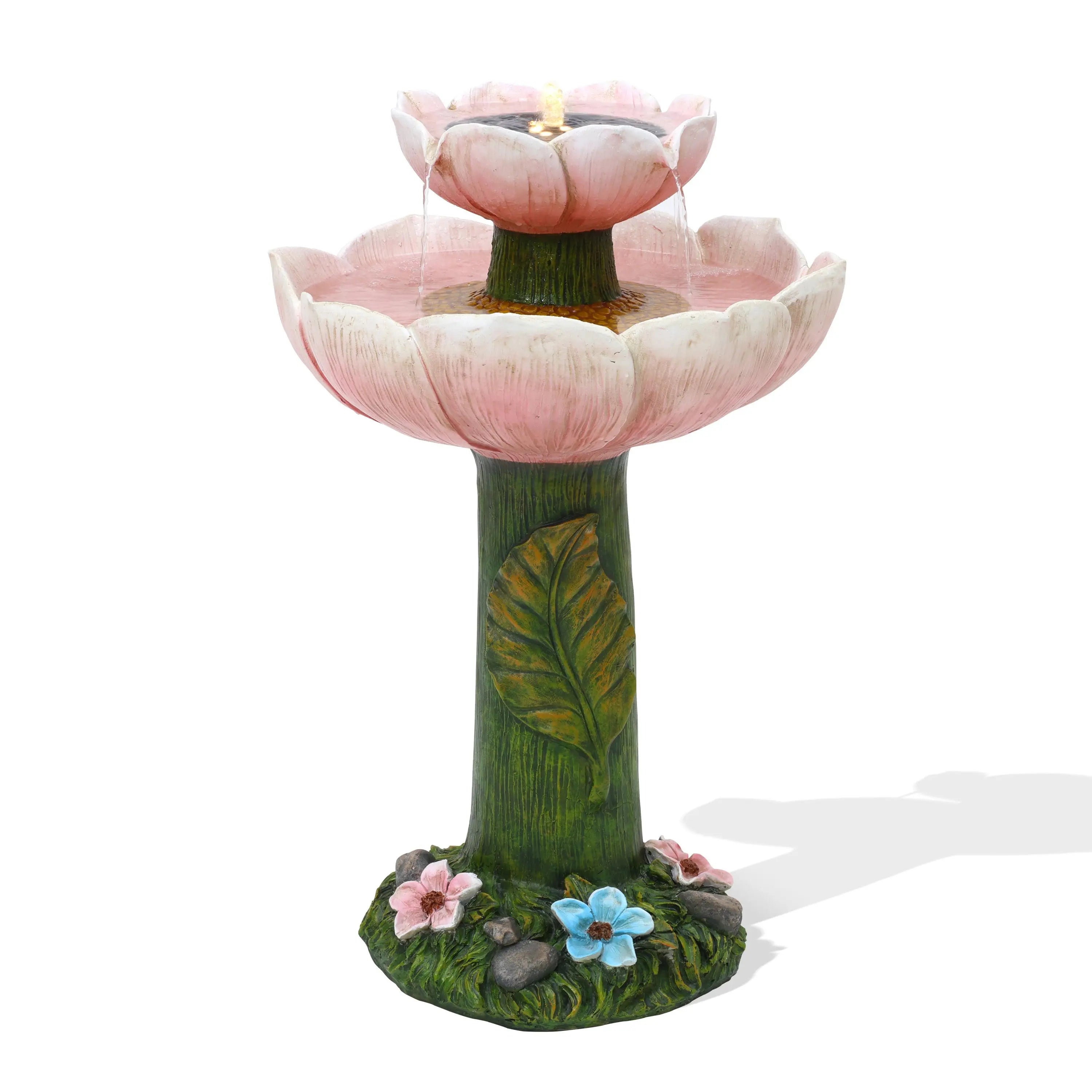 Beautiful-Pink-flower-2-tier-Birdbath-with-solar-powered-lights