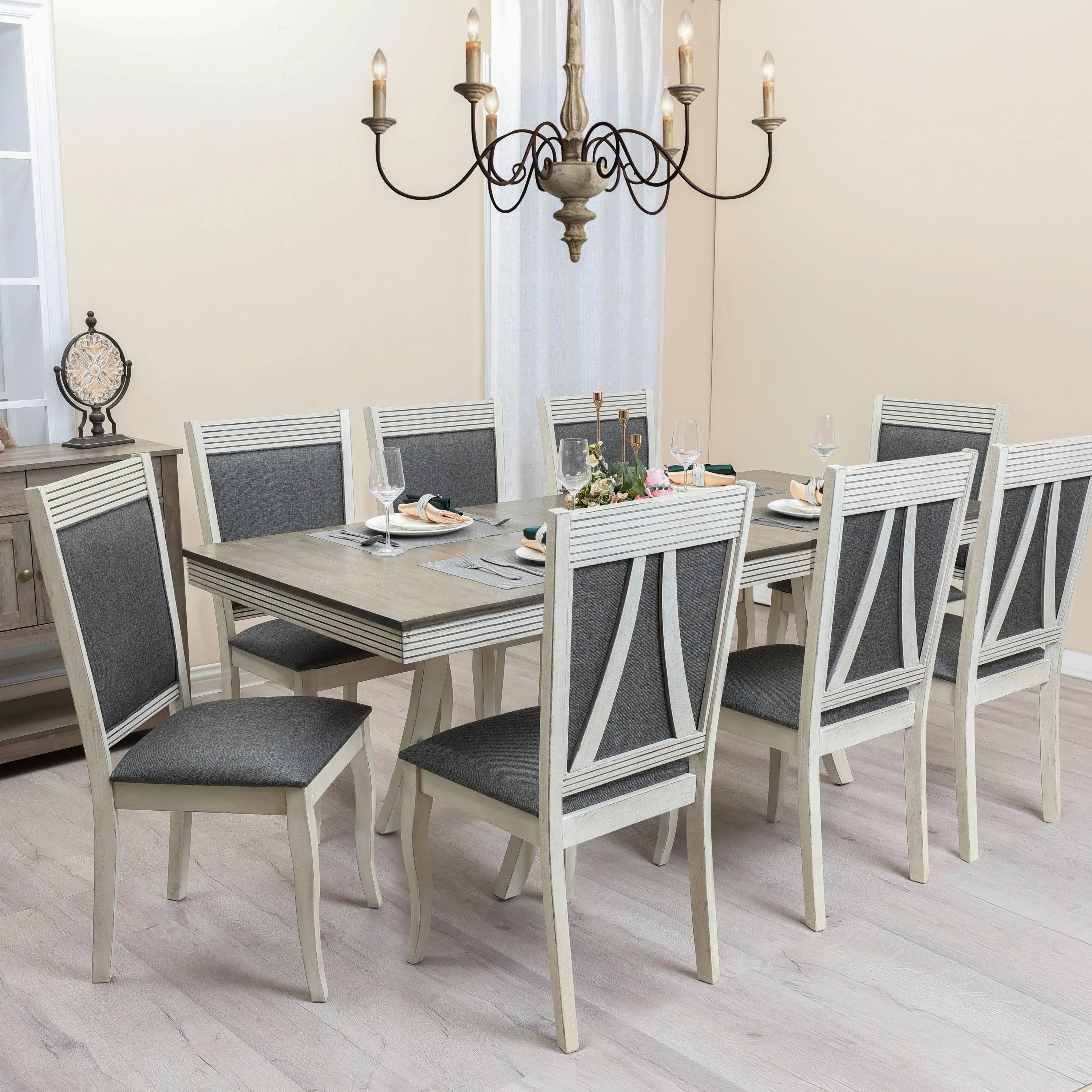 Modern Distressed Off White Rubberwood and Gray Upholstered Dining Chair, Set of 2 - LuxenHome