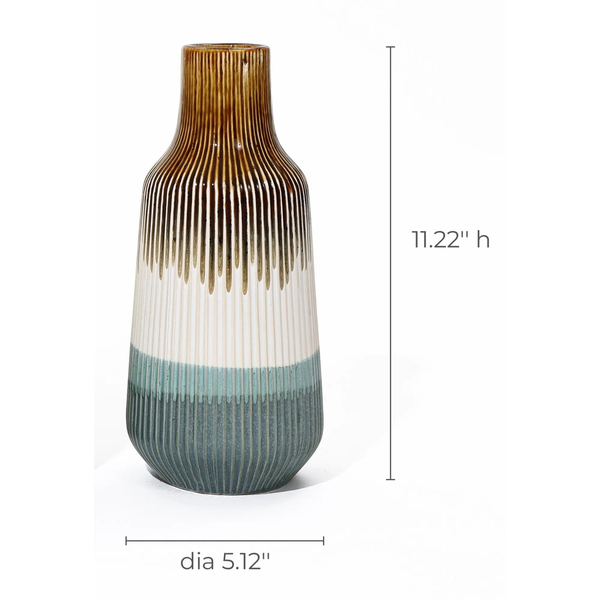 A unique ceramic vase with vertical grooves, showcasing a colorful design: brown at the top, white in the middle, and blue at the bottom. Height: 11.22 inches, diameter: 5.12 inches.