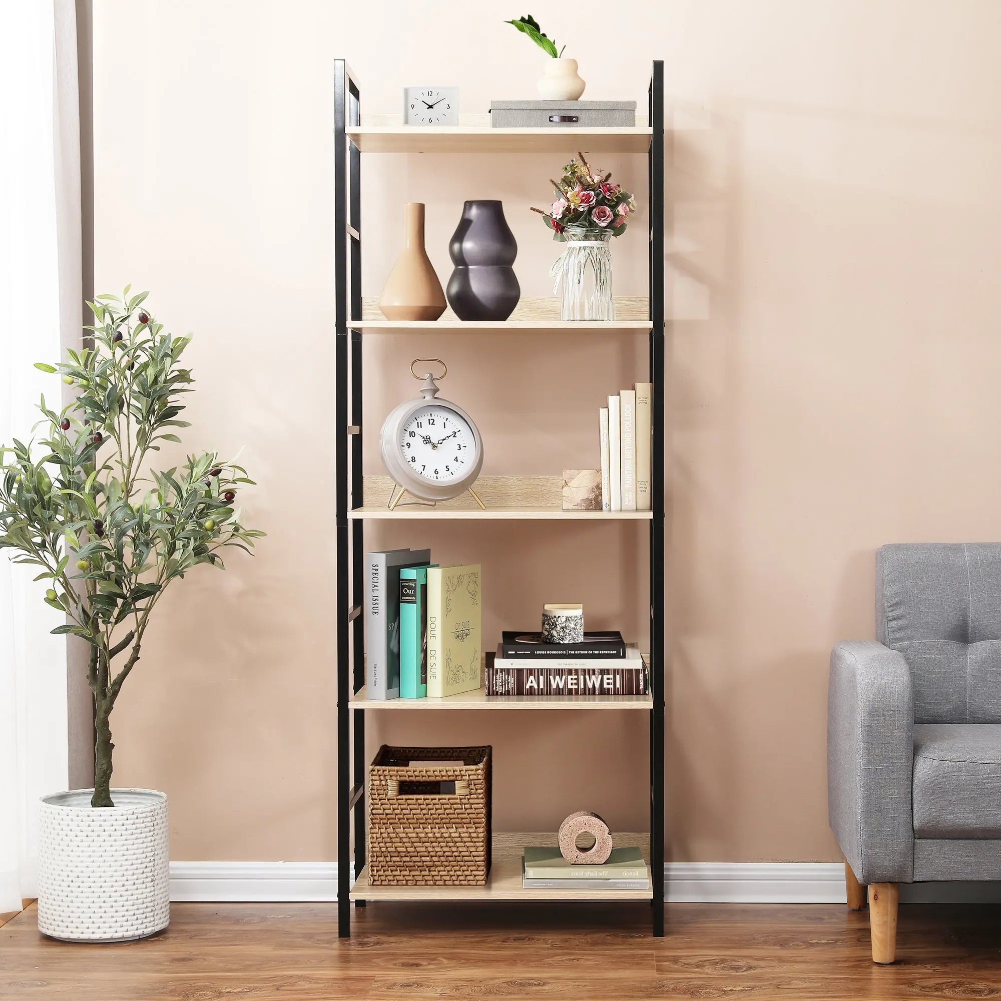 bookshelf-with-books-vases-and-a-clock-on-it