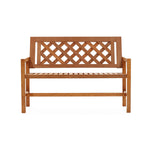 A garden bench with solid wood construction showcases a beautiful lattice design on the backrest, viewed from the front.