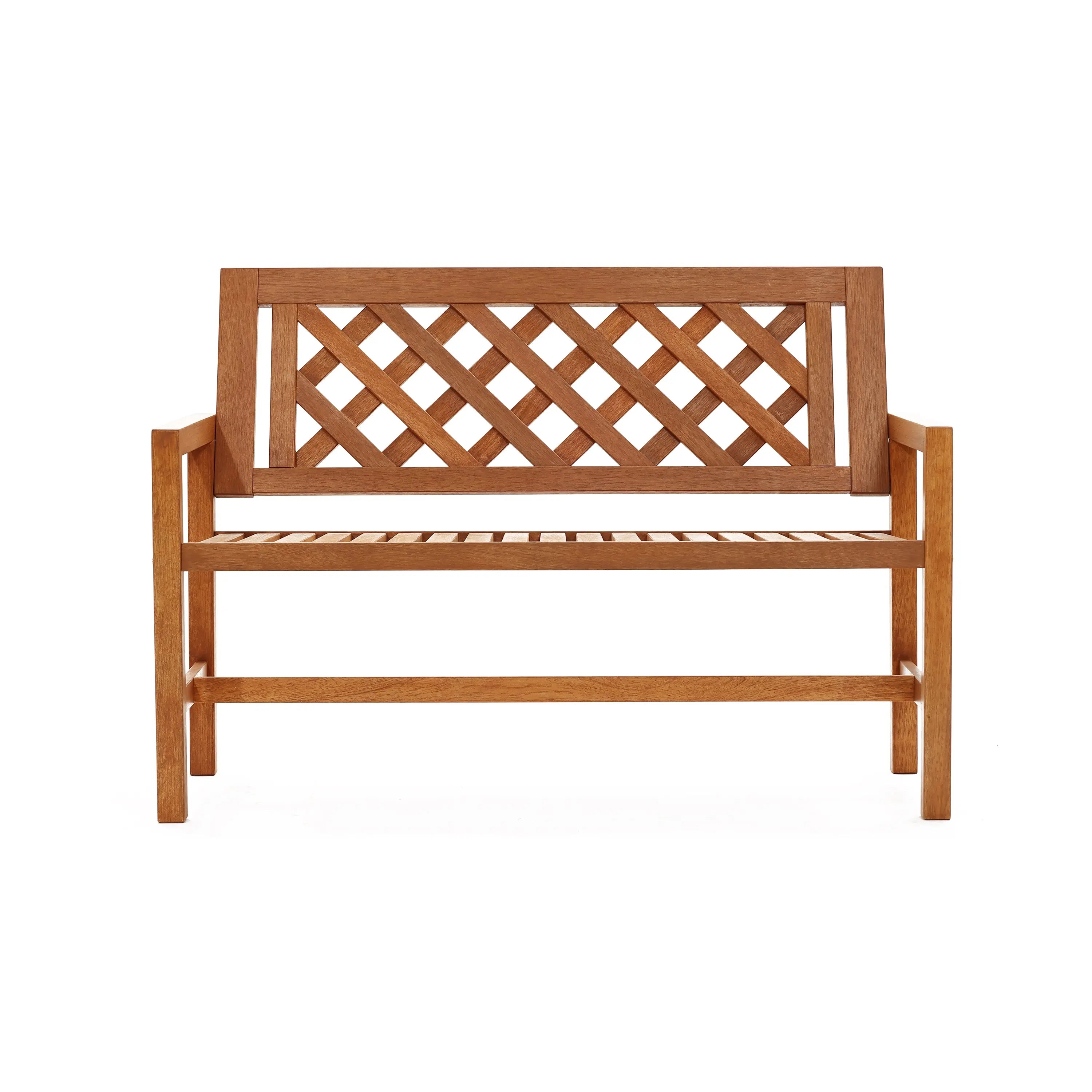 A garden bench with solid wood construction showcases a beautiful lattice design on the backrest, viewed from the front.