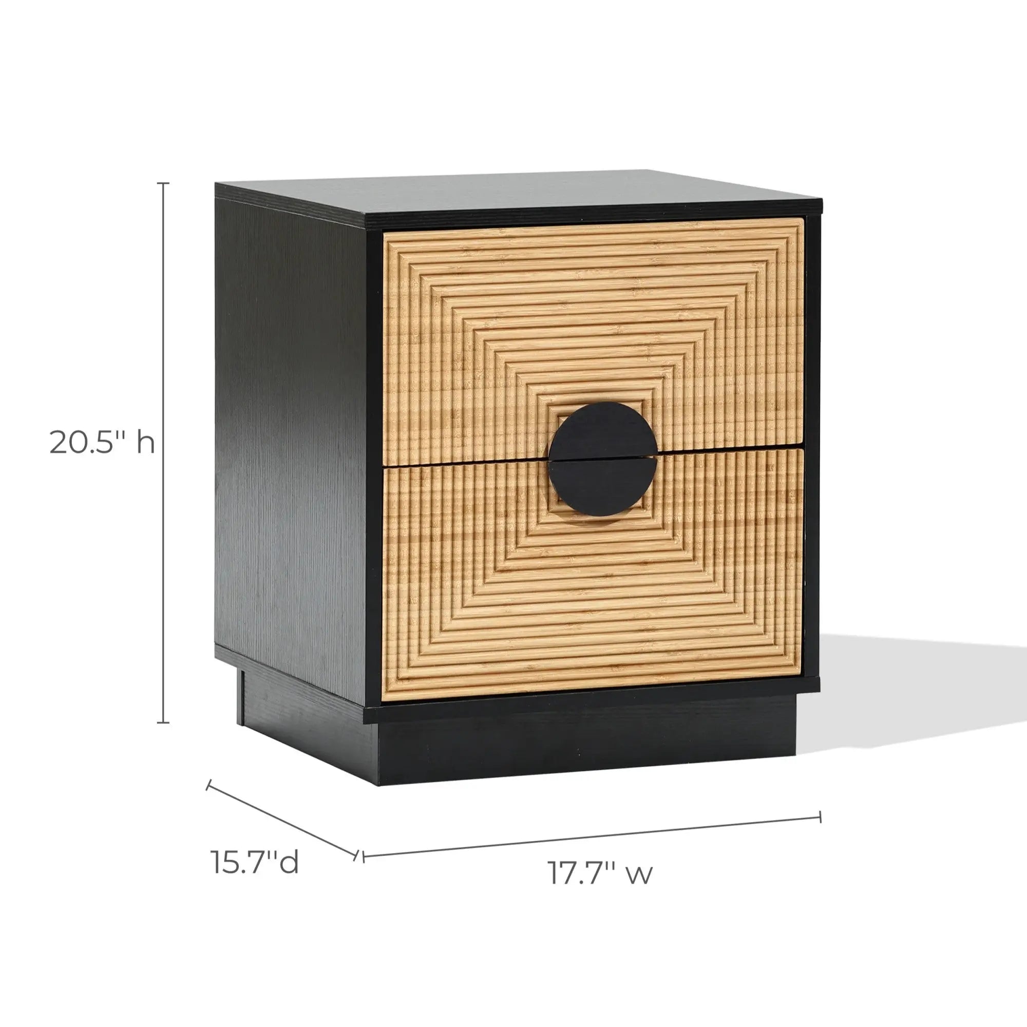 The LuxenHome Ethan bamboo stripped black nightstand features a sleek modern design with a black frame and geometric square-patterned wooden drawers. It boasts two drawers with central circular handles, measuring 20.5 H x 17.7 W x 15.7 D, perfect for adding contemporary flair to any room.