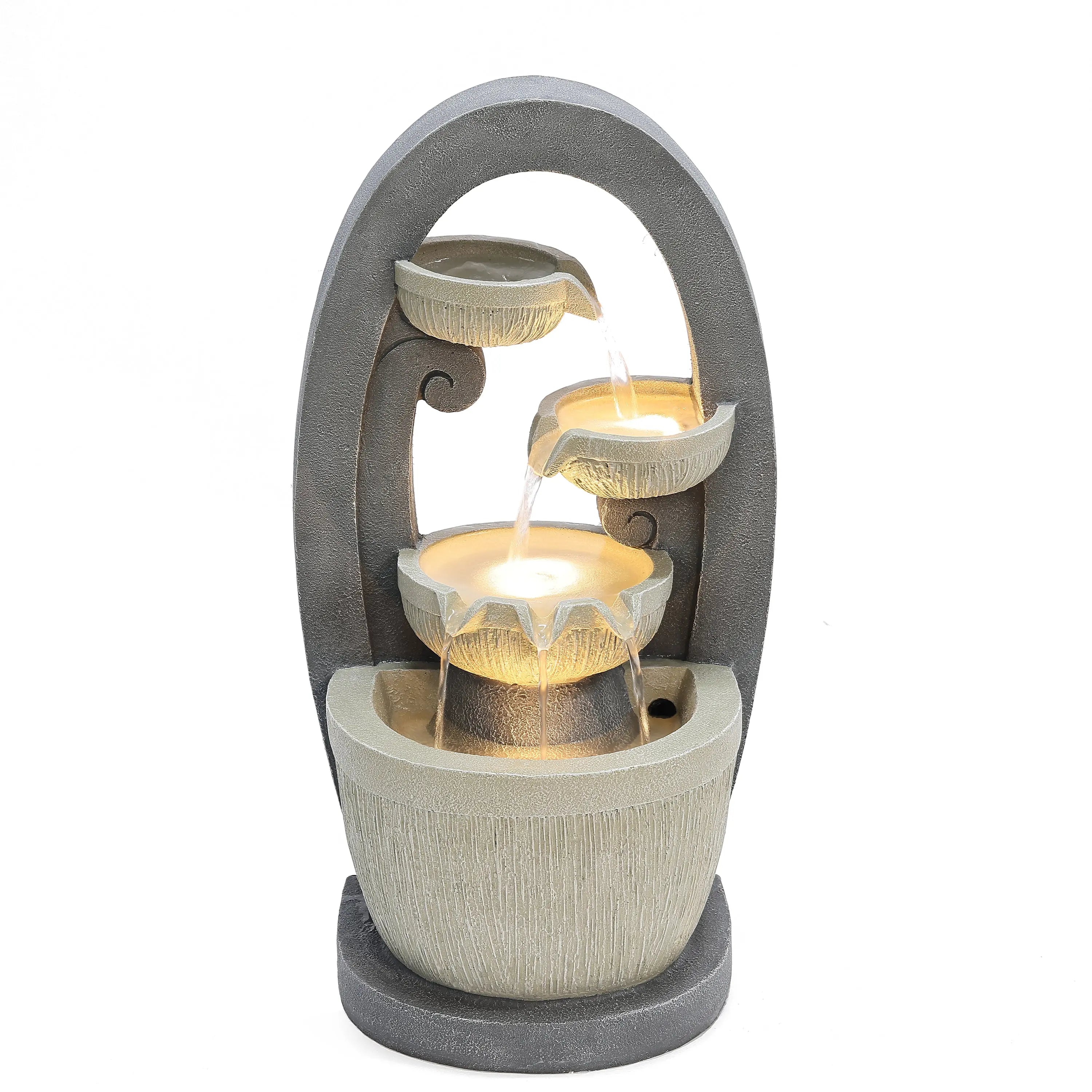 A cascading bowls water fountain with three tiers and built-in LED lights, featuring a gray stone-like finish, perfect for enhancing your outdoor space. Shown against a white background.