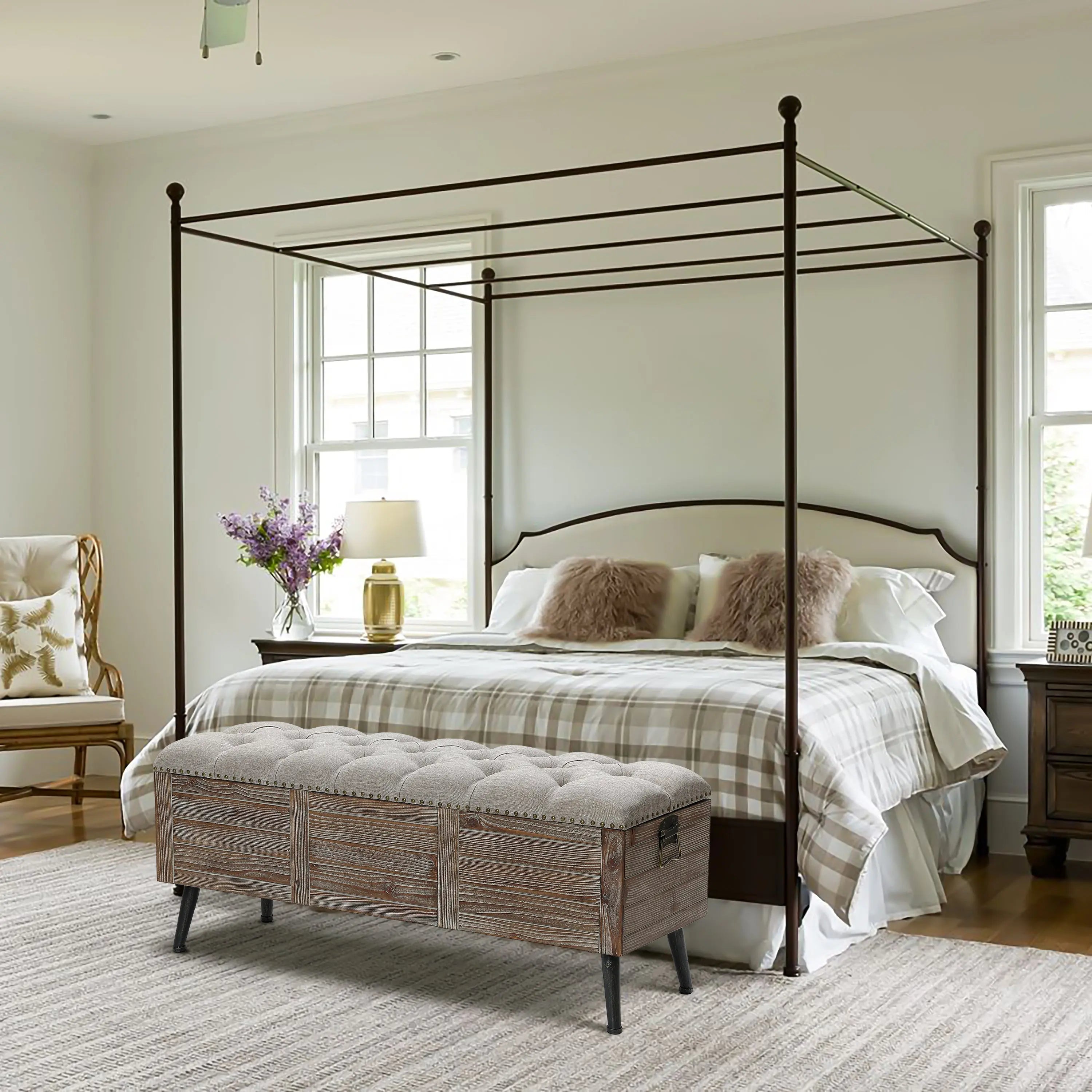 47.2-Inch Wide Upholstered Wood Storage Bench - LuxenHome