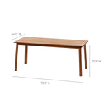 A solid Malaysian hardwood table with dimensions: 70.5 inches long, 32.7 inches wide, and 29.9 inches high, features a sleek teak oil coating perfect for outdoor dining experiences.