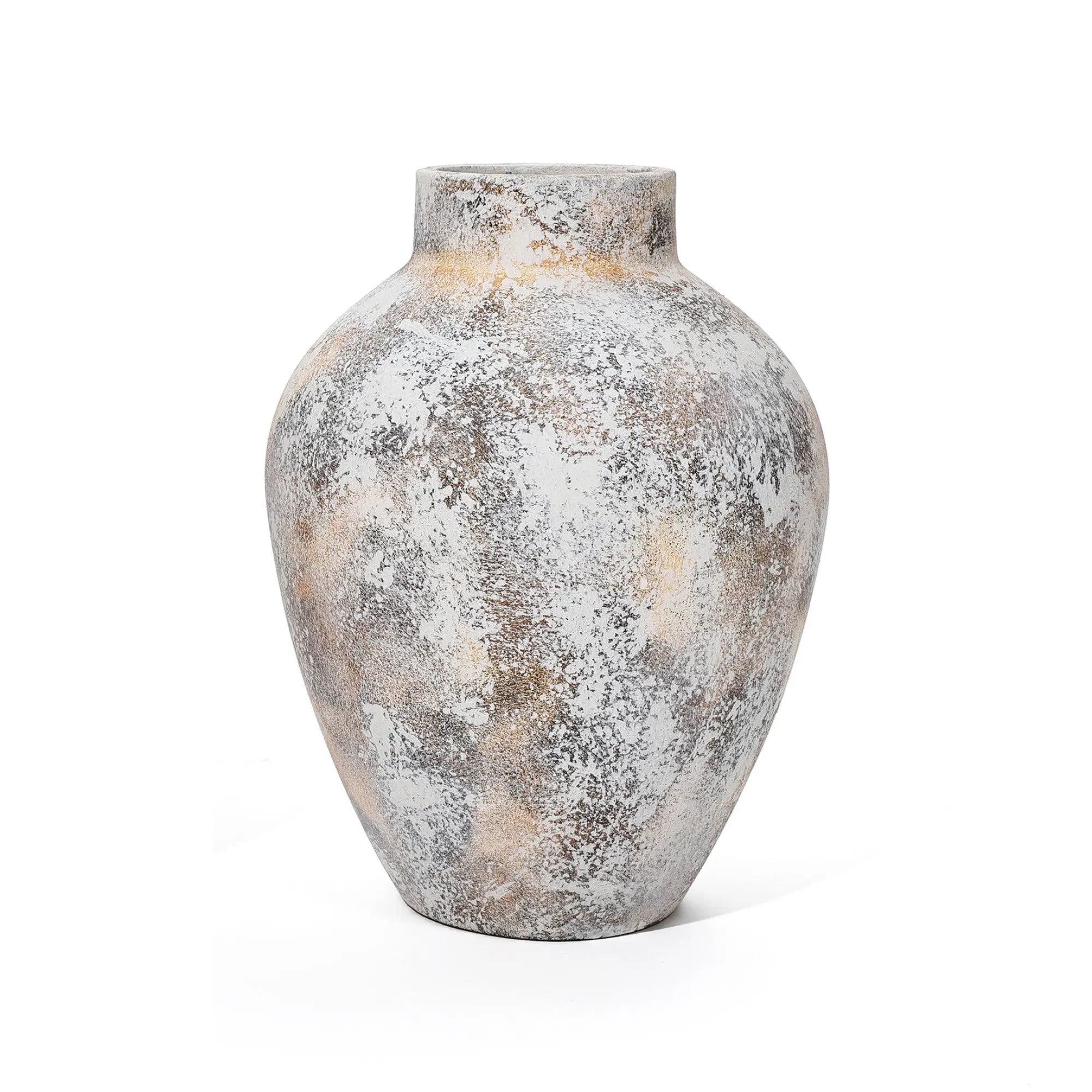 A large, ceramic vase with a mottled gray and brown surface features a round body and narrow neck, perfectly complementing your home decor. Its texture is reminiscent of white marble, set elegantly against a pristine white background.