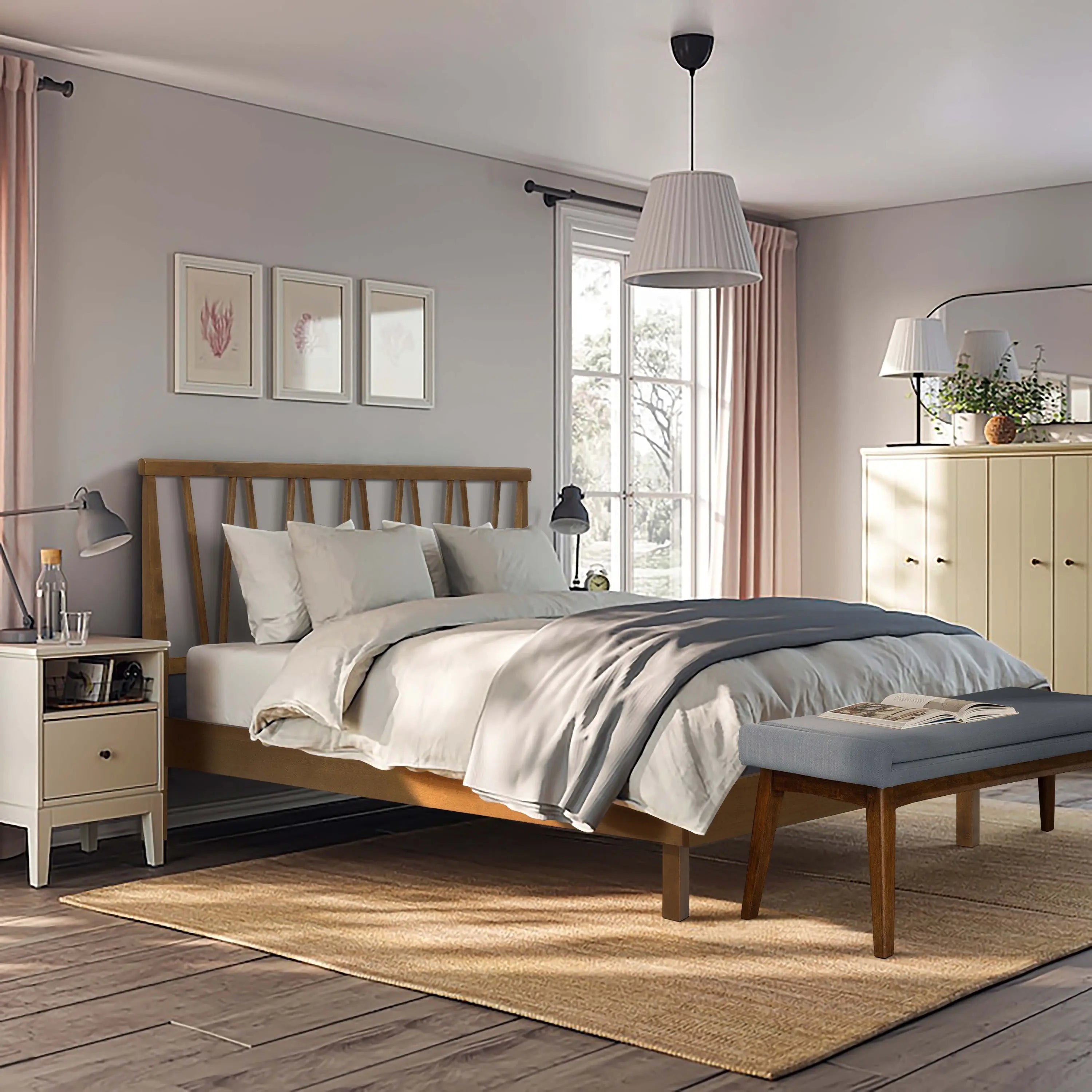 Mesa mid-century modern walnut finish spindle bed, queen - LuxenHome