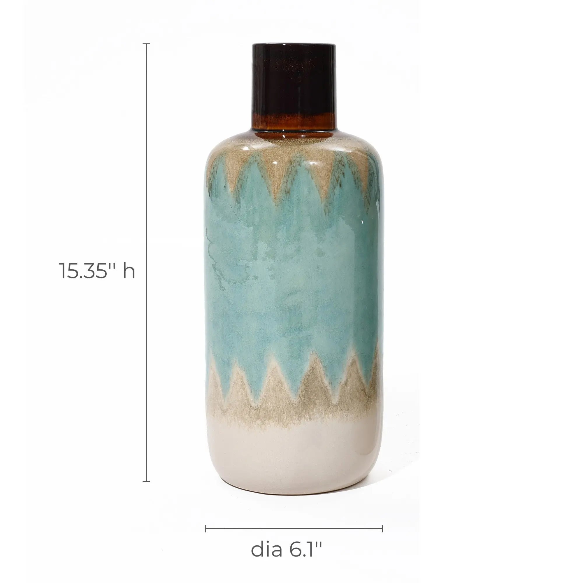 This coastal-inspired vase features a tall ceramic design with a zigzag pattern in blue and beige. Measuring 15.35 inches high and 6.1 inches in diameter, it adds nautical charm to any tabletop decor.