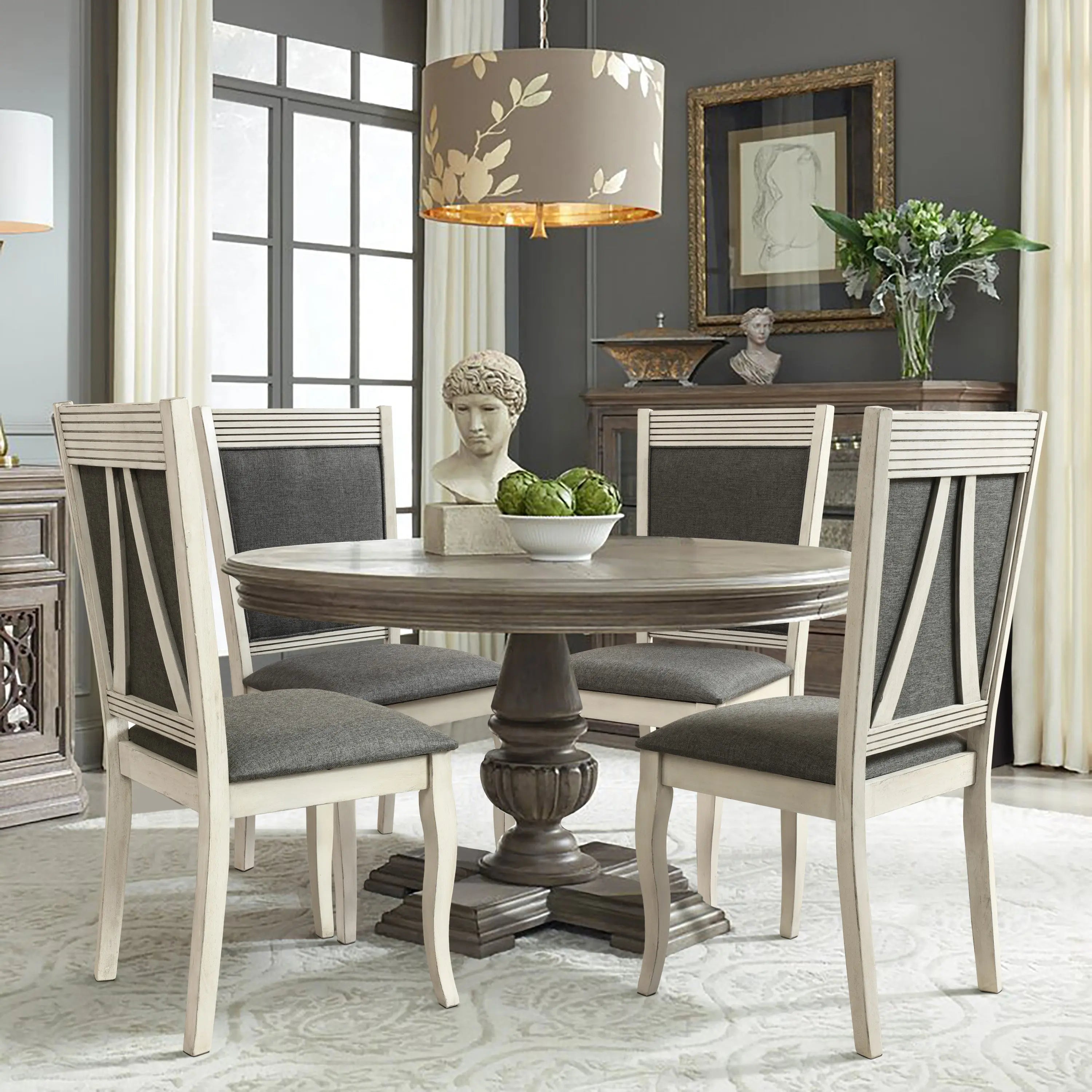 Modern Distressed Off White Rubberwood and Gray Upholstered Dining Chair, Set of 2 - LuxenHome