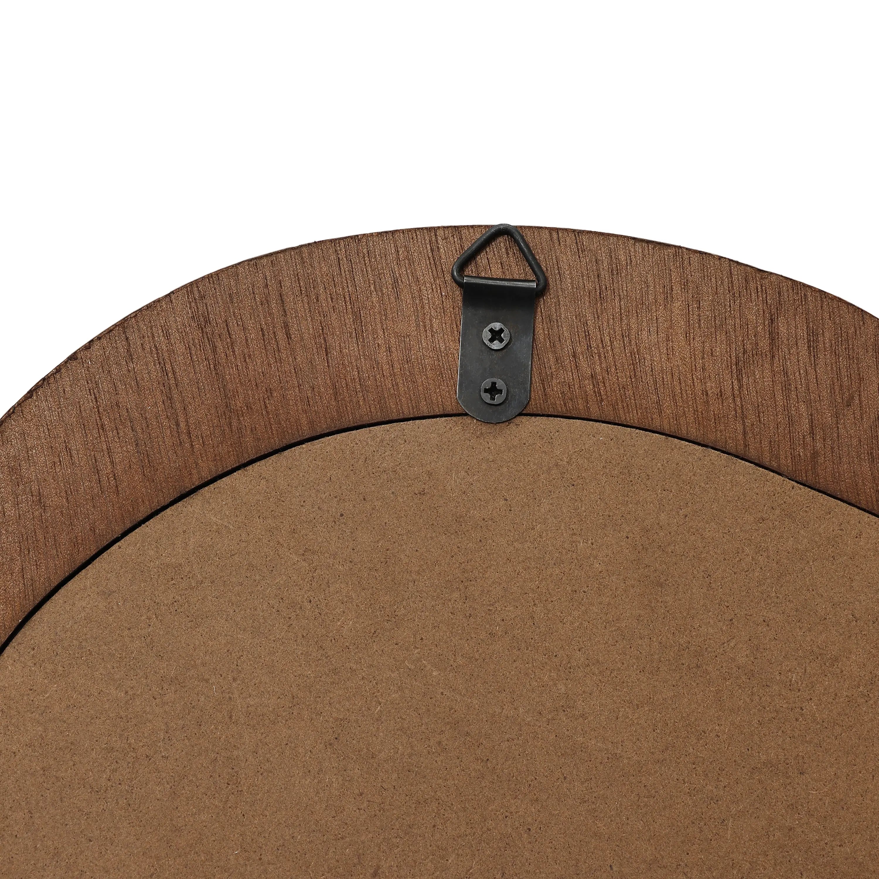 Back of a wooden frame with a metal hanging bracket secured by two screws, exuding minimalist design with subtle Scandinavian charm.