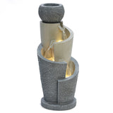 A textured stone-look tiered water fountain with LED light cascading bowls enhances your patio.