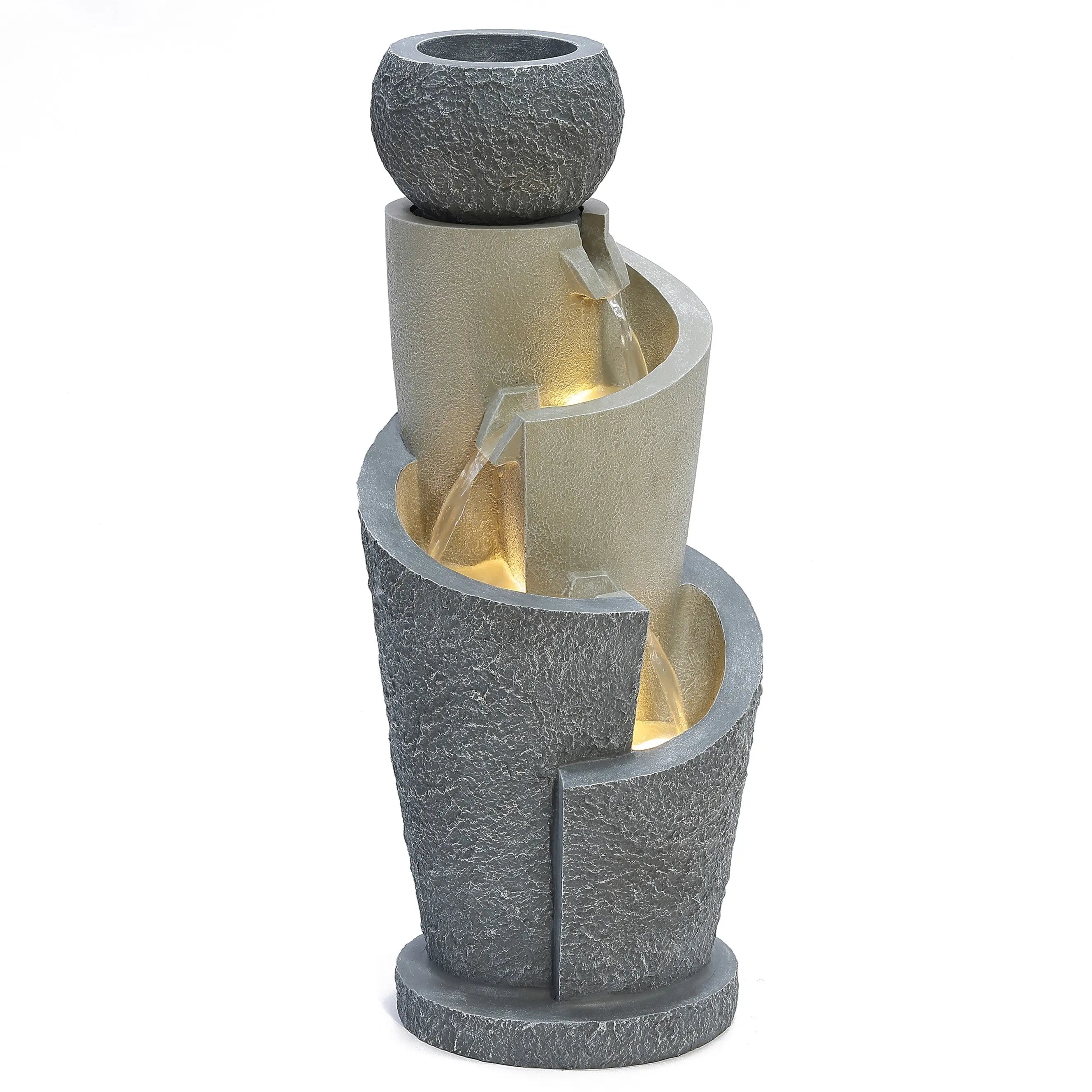 A textured stone-look tiered water fountain with LED light cascading bowls enhances your patio.