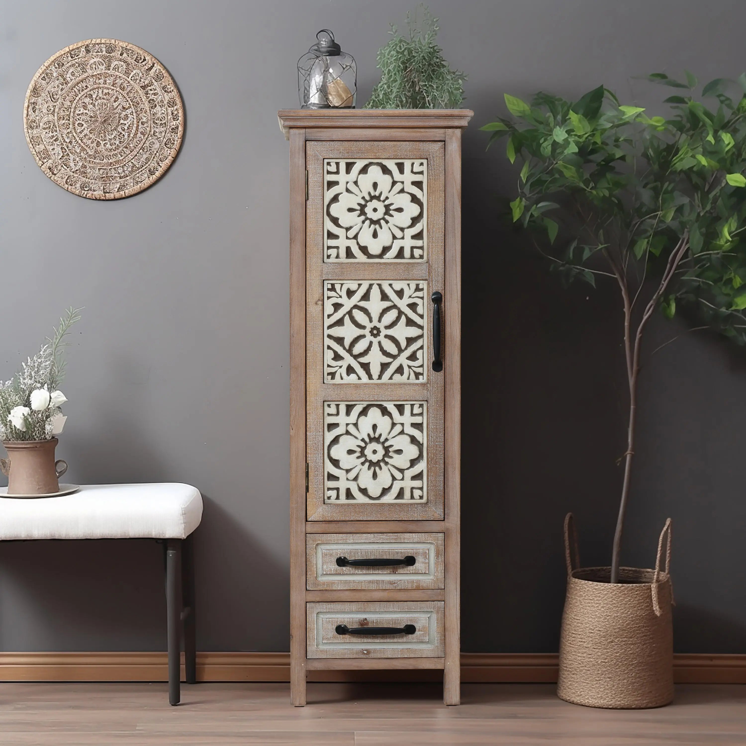 Abilene storage linen cabinet, tower, cream, weathered - LuxenHome