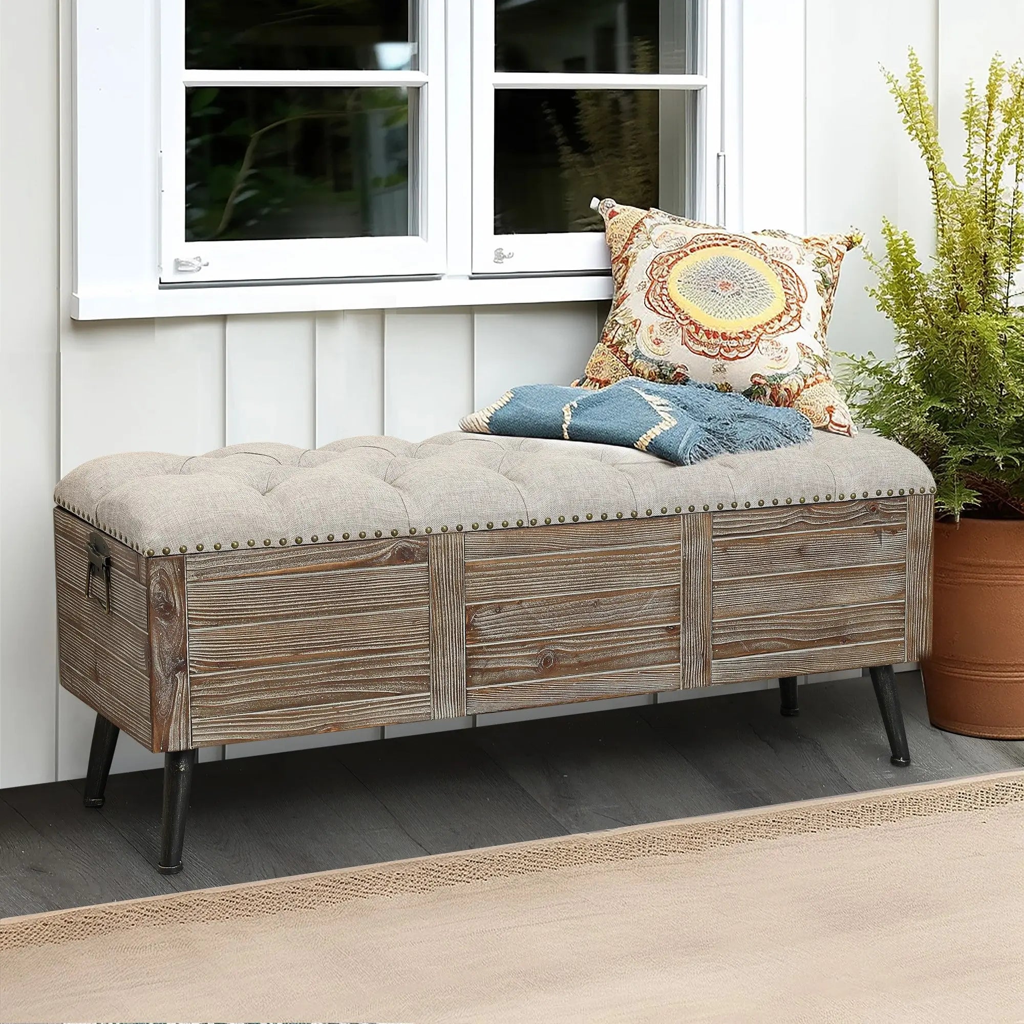 47.2-Inch Wide Upholstered Wood Storage Bench - LuxenHome