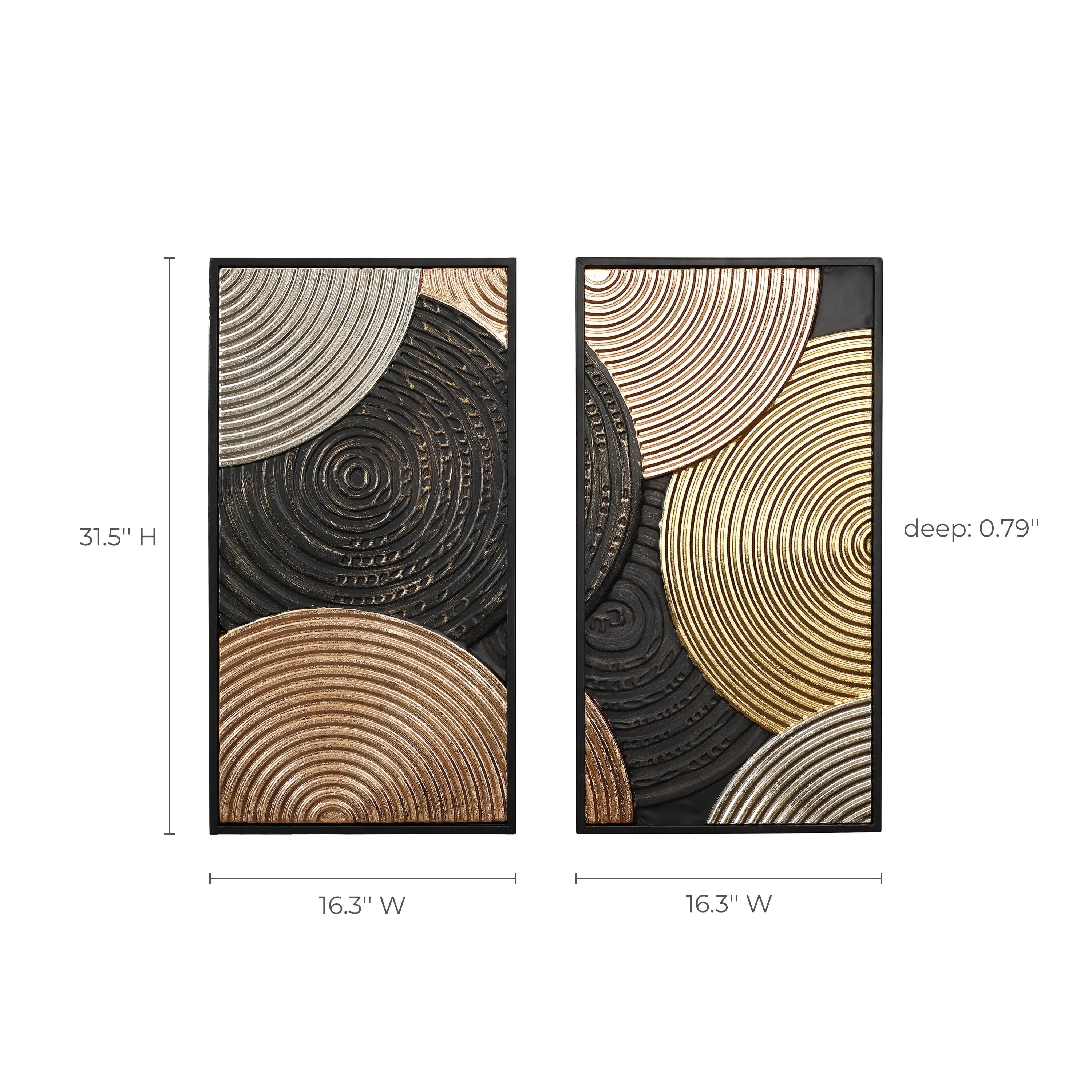 These art pieces feature two panels with circular patterns in metallic tones, enhanced by embossed textures. Perfect as wall decor, they measure 31.5 in height, 16.3 in width, and 0.79 in depth each.