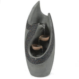 Modern patio fountain with a cascading curved structure in gray, featuring two small bowls and relaxing water streams. Crafted from weather-resistant materials for lasting beauty indoors or out.