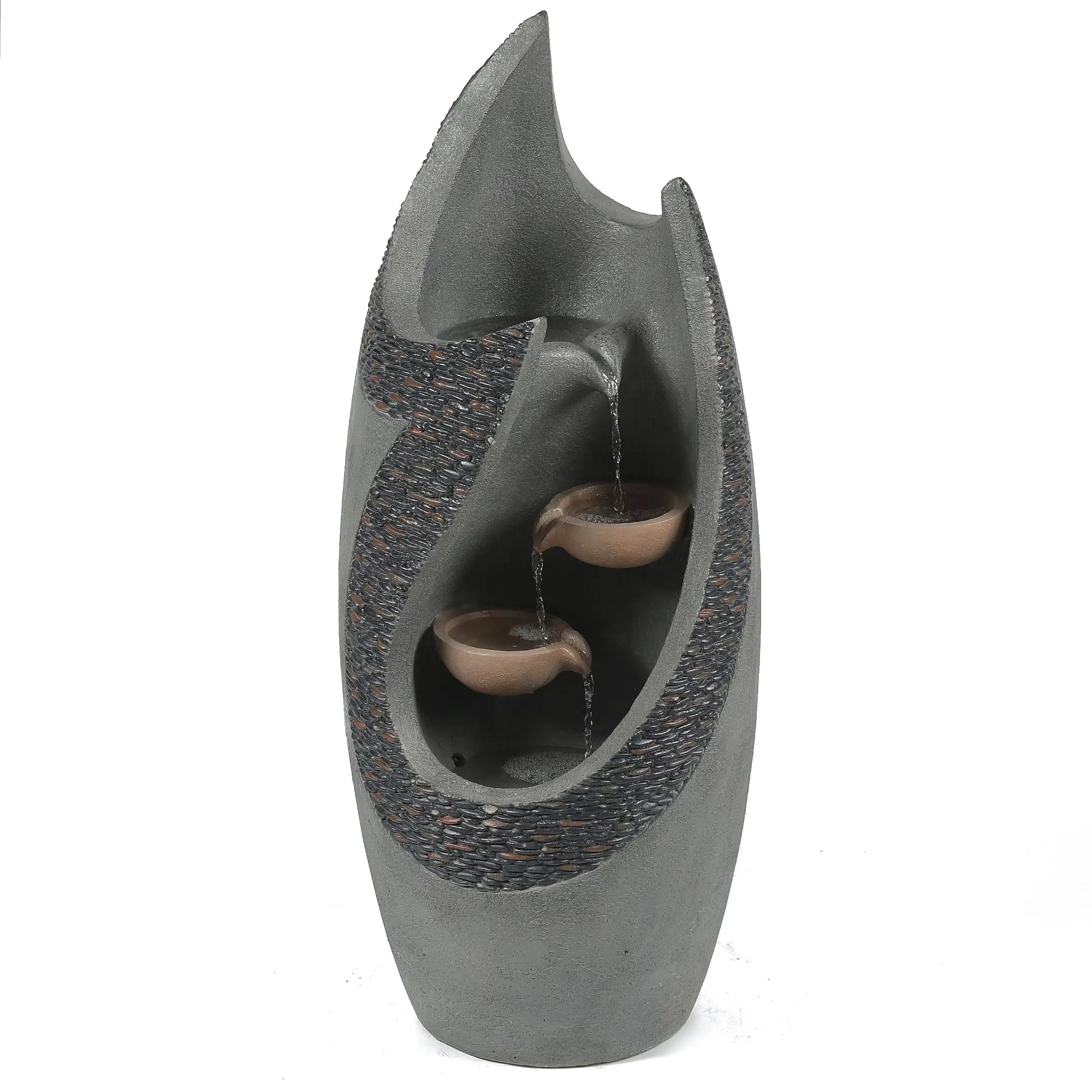 Modern patio fountain with a cascading curved structure in gray, featuring two small bowls and relaxing water streams. Crafted from weather-resistant materials for lasting beauty indoors or out.