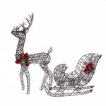 Wire-frame Reindeer and Sleigh sculpture with red bows and pinecones on a white background—perfect as a festive holiday decoration.