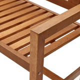 Close-up of a wooden chair with horizontal slats and a sturdy armrest, highlighting its solid wood construction and simple, clean design, perfect for an outdoor bench.