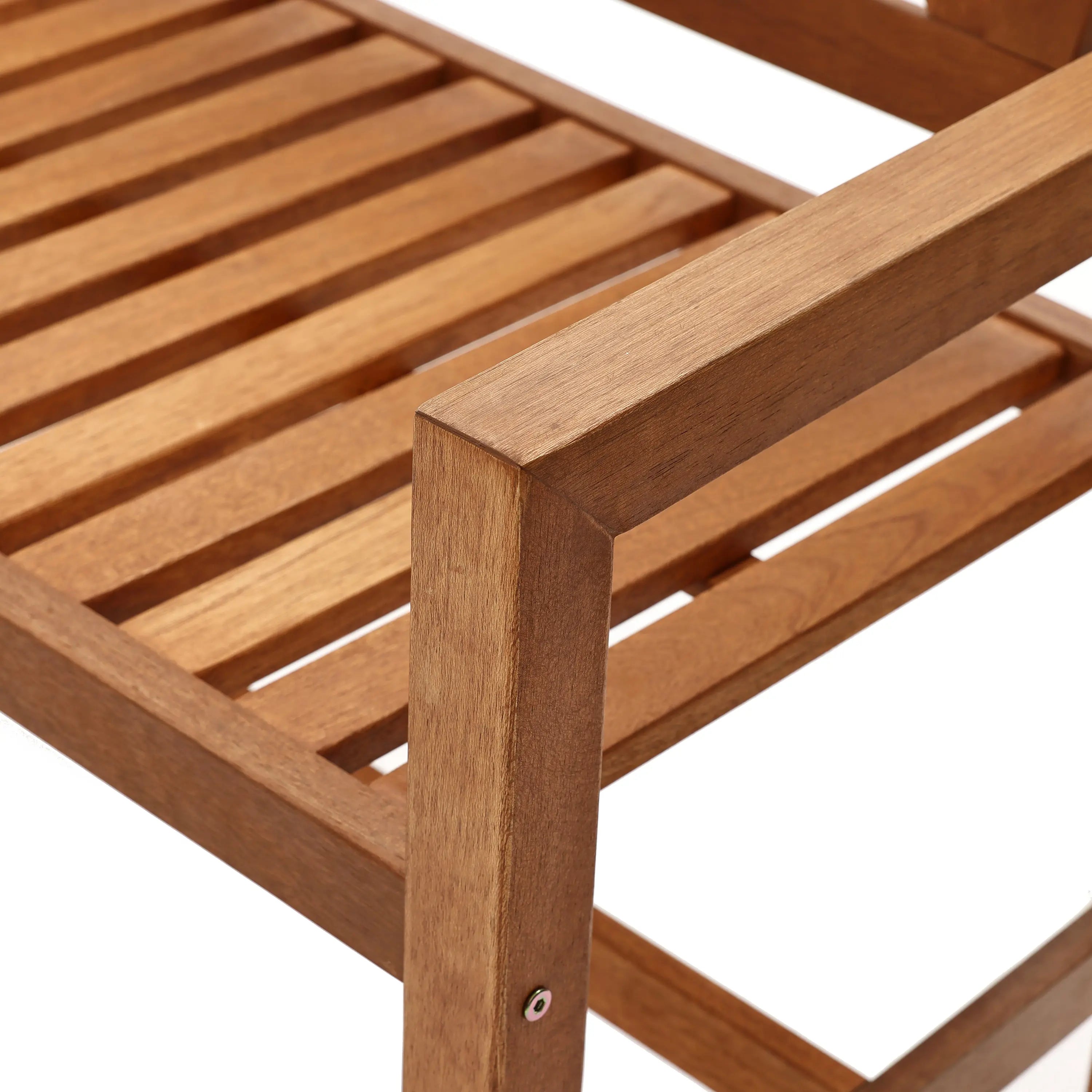Close-up of a wooden chair with horizontal slats and a sturdy armrest, highlighting its solid wood construction and simple, clean design, perfect for an outdoor bench.