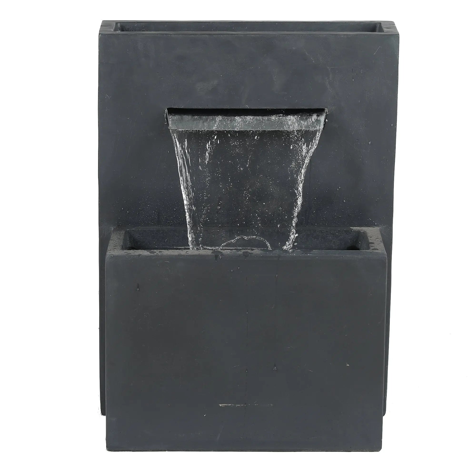 A modern gray rectangular waterfall outdoor fountain with built-in LED lighting features a sleek sheet of water flowing from an upper spout into a lower basin, adding contemporary elegance to any space.