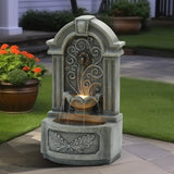 Outdoor-elegant-freestanding-fountain-with-lights-provides-a-relaxing-scene-for any-yard