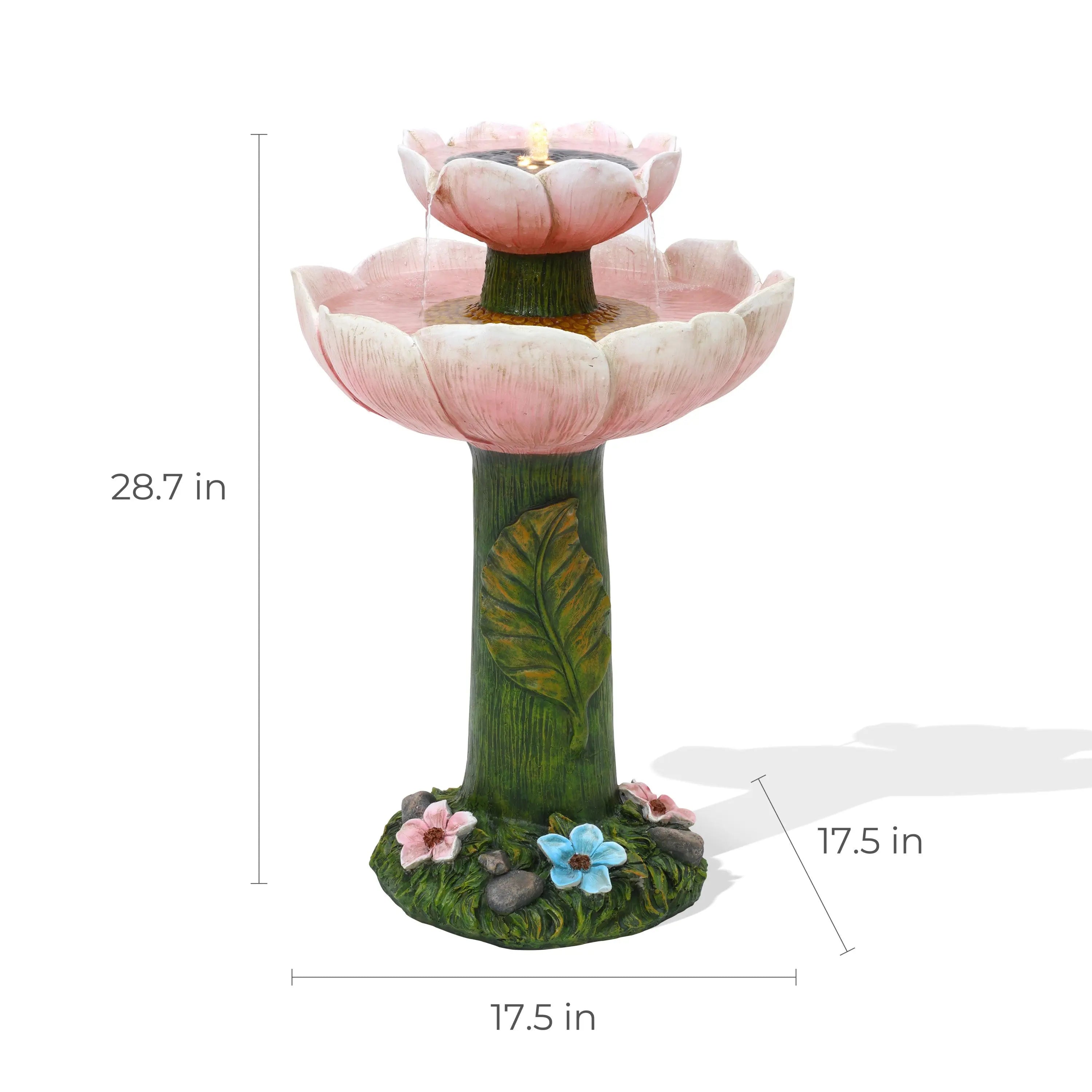 Measurements-on-Pink-two-Tiered-solar-powered-birdbath
