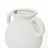 A white speckled ceramic vase with two handles and a wide opening on a plain background, showcasing a vintage-inspired vase aesthetic.
